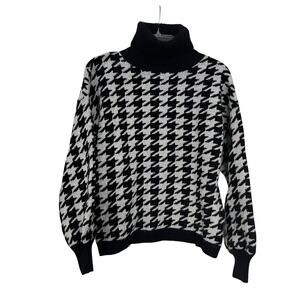 Stella + Lorenzo Black White Houndstooth Knit Turtleneck Pullover Sweater Size S